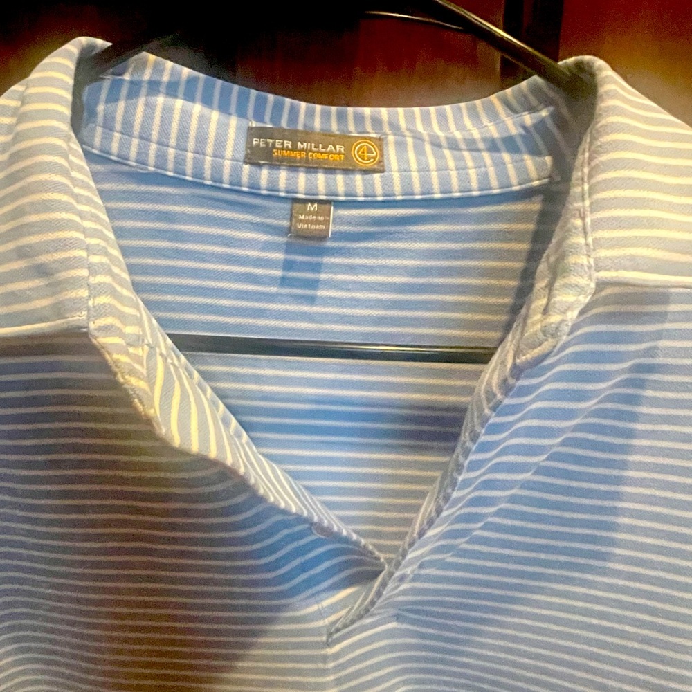 Peter Millar -Summer Comfort Polo. Size Medium. Light blue and white stripe
